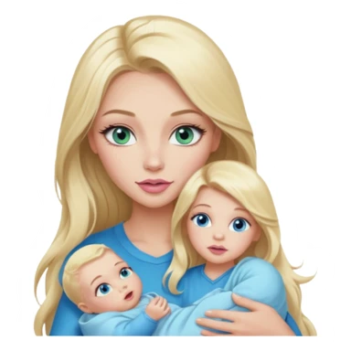 Blonde baddie with long hair Pretty makeup long lashes blue-green eyes ,   light pink lips holding baby Boy with blue eyes sticker