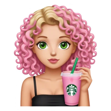 a slightly tan but white girl with curly wavy hair and green eyes wearing a black tube top holding a starbucks pink lemonade facing forward aesthetic  sticker