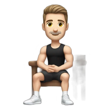 Pale skinned Fit Man With the biceps and dark brown hair in black shirt, gray sports shorts and white Sneakers Sitting on a chair sticker