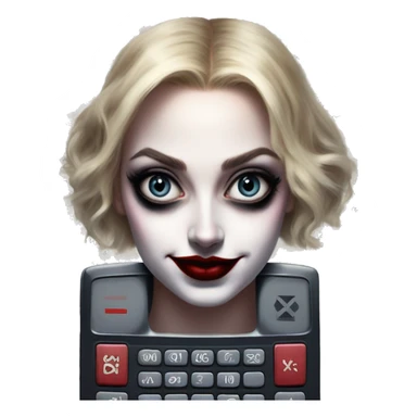 Calculator in Harley Quinn style, oil paint, mysterious eyes, intricate lips, masterpiece portrait, odd perspective, beautiful, desirable, logical sticker
