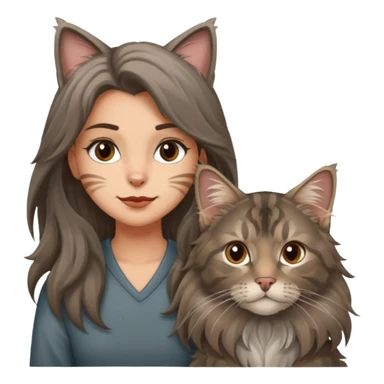 Emojis de una chica de pelo castaño largo sujetando un gatito gordo peludo mainecoon de colores gris negro y marrón  sticker