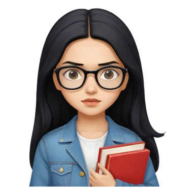generate a pretty bratz emoji 
Make her wear a white dress with a denim jacket over it.long  black hair in a side part. Holding books

She should look exactly  like Deepika padukone! wearing tiny rectangular spectacle, looking sad sticker