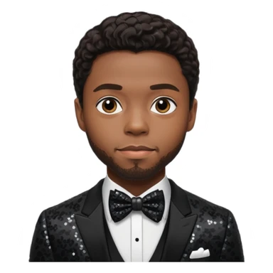  Chadwick Boseman with dark brown hair, black sequin suit with bow tie sticker