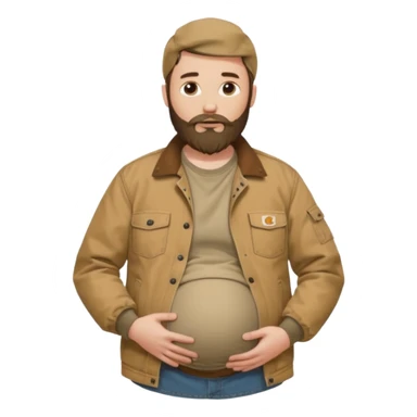 Bearded man rubbing pregnant belly poking out of shirt wearing a tan canvas carhartt jacket sticker