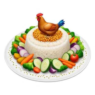 Magical floating plate with ethereal glowing rice, chicken pieces surrounded by sparkles, and enchanted Puerto Rican Boricua mix vegetables sticker