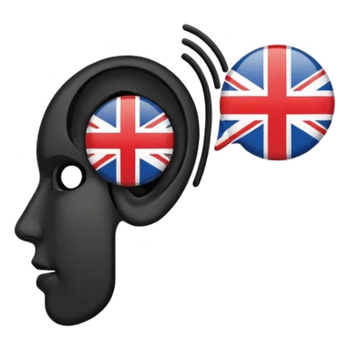 Minimalistic flat vector icon, iOS style, thin black contour on white background. Ear icon with sound waves and small UK/USA flag symbol. Clean, no text, no shadows sticker