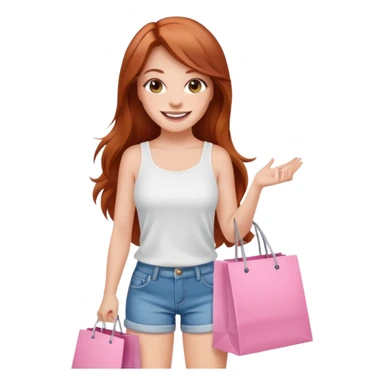 Mujer joven blanca de contextura media sonriendo con cabello largo cobrizo vestida con top blanco y short de jean con bolsas de compras color rosa sticker
