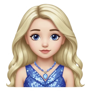 Sabrina Carpenter with long platinum blonde hair, periwinkle sequin dress and necklace sticker