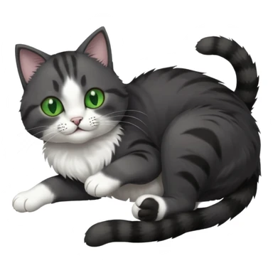 dark grey cat with green eyes, white toes/paws and white patch on her chest playfully rolling upside down sticker
