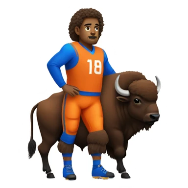 Bison wearing an orange and blue jersey sticker