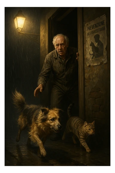 Un uomo anziano in tuta da lavoro, con espressione angosciata, tiene aperta la porta di casa mentre il suo cane (un meticcio a pelo lungo) e il gatto (soriano) scappano nella strada buia sotto la pioggia. Particelle di polvere/pulci fluttuano nell'aria illuminata dal lampione. Sullo sfondo, un poster strappato del veterinario con scritto 'Prevenzione antiparassitaria'. Stile fotorealistico, illuminazione Caravaggesca, toni grigi e ocra. in italiano sticker