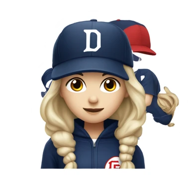 White girl with black long hair who wearing navy ballcap emblazoned with a red D initial and wearing baseball uniform sticker