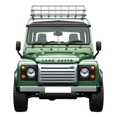 Land Rover Defender 110 2.4Tdci in Aintree Green with silver alloy wheels and black roof rack, emoji style, front view sticker