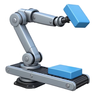 robot arm which is picking blue block on conveyor belt sticker