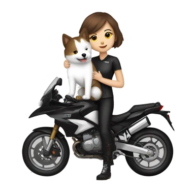 Girl biker white skin and brown short hair with a agv black helmet hugging a white Samoyed sticker