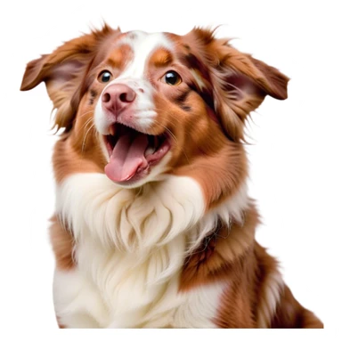 Cinematic Cute Yawning Red Merle Australian Shepherd Portrait Emoji, Head tilted slightly with a dramatic, wide-open yawn, soft red merle fur with subtle white accents, floppy ears slightly drooping, round amber eyes barely open in drowsy contentment, Simplified yet irresistibly adorable features, highly detailed, glowing with a soft, cozy glow, high shine, relaxed yet expressive, stylized with a touch of whimsy, bright and endearing, soft glowing outline, capturing the essence of a sleepy yet affectionate pup, so drowsy it feels like it could stretch right out of the screen and curl up for a nap! sticker