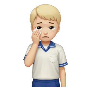 Create an emoji of a young boy student crying. He is wearing a school uniform, including a shirt and pants, and has short hair. The boy is visibly upset, with tears streaming down his face, and he is wiping his eyes with his hand. The background should be simple to emphasize his emotional state, conveying the feeling of being overwhelmed with school stress or personal struggles sticker