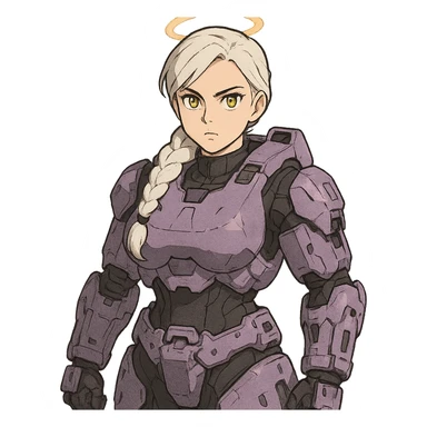 female, wearing reach spartan armor default, long white braid hair, gold yellow eyes, attention pose, halo series, no helmet, the armor is lavender color scheme and has no shoulder pad attachments. DDD bust size fitting. Punk gothic cyberpunk sticker