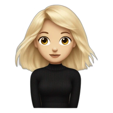 Blond girl with bang in black sweater saying Calvin Klein on her chest sticker