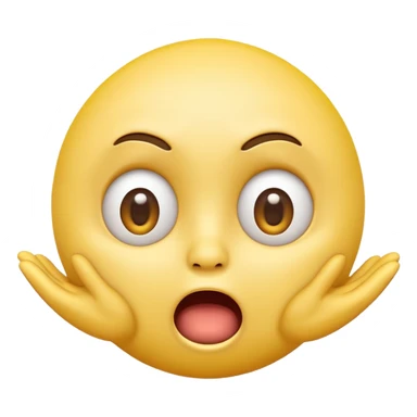 A 3D glossy yellow emoji face with a horrified expression, only large wide-open eyes, wide-open mouth, raised eyebrows, no nose, hands against its cheeks, vector style, black background, high quality, soft studio lighting sticker