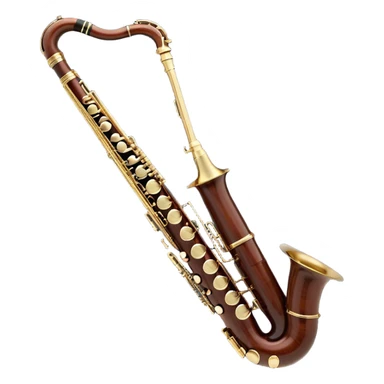 Create an elegant and detailed emoji representing a professional Yamaha bassoon. The design should feature the sleek wooden body of the bassoon with its rich wood tones, showing the intricate keywork and metal springs. The metal tubing of the instrument should be clearly visible, with polished brass accents. Highlight the bell and the distinctive, curved shape of the instrument. The mouthpiece and reed should be visible at the top, emphasizing the functional details. Use warm wood tones like dark brown, with gold and brass accents for the keys and fittings. Add soft musical notes or soundwaves to represent the deep, resonant sound of the bassoon. The background should be transparent. sticker