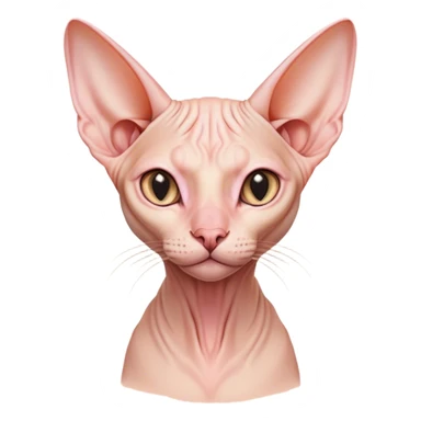 Cinematic Noble Sphynx Cat Portrait Emoji, Poised and regal, with smooth, hairless skin in warm peach and soft pink tones, striking large ears and intense almond-shaped eyes, Simplified yet sharp and sophisticated features, highly detailed, glowing with a soft, dignified glow, high shine, intelligent and graceful, stylized with an air of elegance, focused and attentive, soft glowing outline, capturing the essence of a watchful and refined feline, so majestic it feels as though it could glide across the screen with effortless confidence! sticker