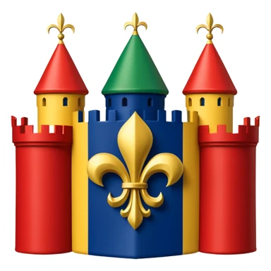 Louisiana Creole flag in 4 boxes: gold fleur-de-lis on deep blue/black; green, yellow, red stripes in upper right and lower left with green star in upper right; yellow castle on red in lower right. Flat vector, clean, high contrast, clear at small size. sticker