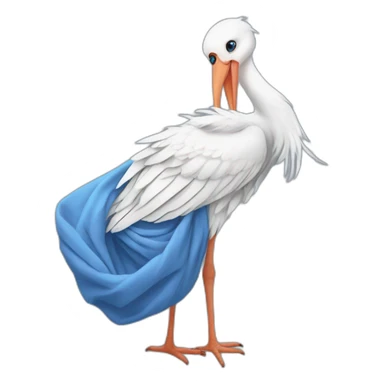 White stork carrying a blue bundle of cloth in its big beak that has a cute human person cute baby boy inside and his head is peeking from the fabric the strok is carrying in its beak sticker
