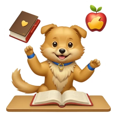 playful dog gleefully tossing homework in the air, apple style emoji sticker