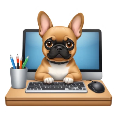 Fawn Frenchie with black muzzle working behind computer sticker
