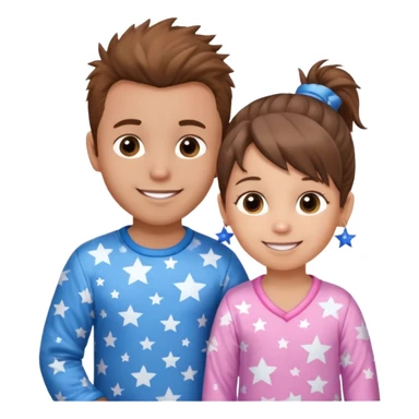 4 year old brown spikey haired boy with blue pajamas with stars on them and a 1 year old brown haired pony tail girl with pink pajamas, and stars on them with light skin. Top left on, can you make them smile more with lighter skin sticker