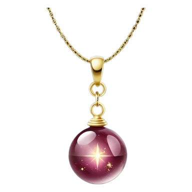 A polished round ball wine granite pendant suspended from a delicate gold chain, like a drop of enchanted starlight, glowing with the warmth of passion and the quiet power of transformation ethereal floating magical moving around... rebirth moving chain sticker