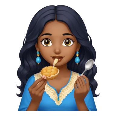 a pretty indian bratz girl with wavy long black hair. eyeliner on, wearing a blue kurti, eating golgappa (without spoon) sticker