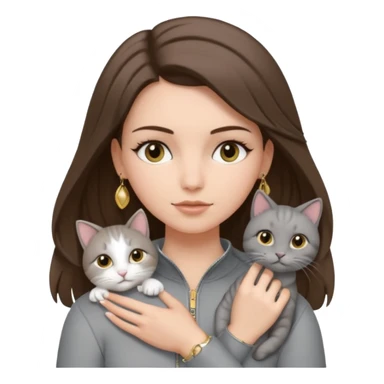 a white girl with brunette hair in brain that is over her shoulder. shes holding a grey cat. the girl has long lashes and has on a grey zip up that is half way zipped  and under a white shirt and gold jewelry that is gold bracelets. sticker