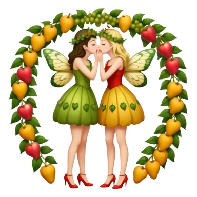 full body two women kissing, fruit vine outfits and moth swarm halo sticker