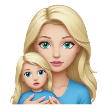 Blonde baddie with long hair Pretty makeup long lashes blue-green eyes ,   light pink lips ,holding 1 little Boy  with blue eyes sticker