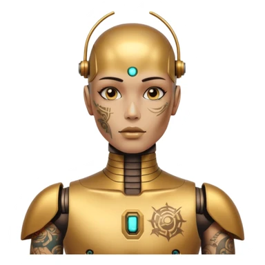 gold Tatooed robot with rada, big many tatooes on chest, neck and face, white tatoo on face sticker