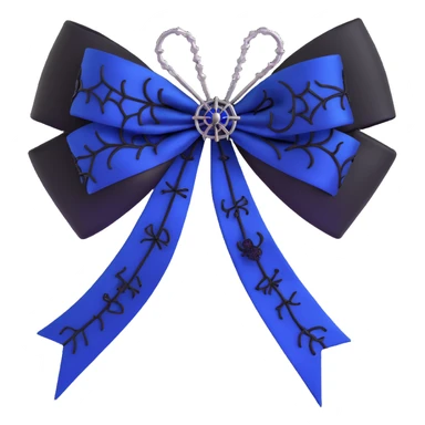gothic bow, royal blue satin, black lace overlay, silver spiderweb charm, moody and elegant sticker