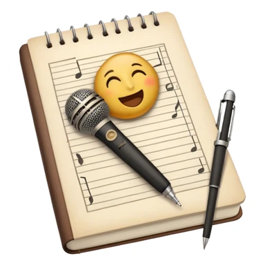 Create an emoji representing songwriting. The design should feature an open notebook or sheet music with visible lyrics between the musical notes, symbolizing the process of writing song lyrics. The text between the notes should be clearly visible. A pen or pencil should be placed near the notebook, indicating active writing. Optionally, include a single vintage microphone lying beside the notebook (not on the music notes) to add a creative touch. Use a harmonious color palette with warm and neutral tones. Do not include any emojis or smiley faces. Make the background transparent. sticker