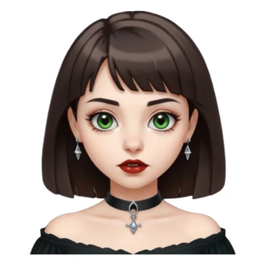 pale girl with dark green/brown eyes, straight medium length brown hair and short bangs, full round lips, eyebrow and nose silver piercing wearing a off shoulder black shirt. she’s a vampire sticker