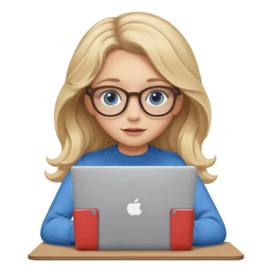 blonde girl with long dark blonde wavy hair, blue big eyes, pantos-style glasses, a brown colored sweater, sitting and looking in laptop, soft pastel, upper body shot sticker