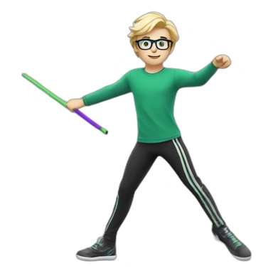 white boy with green eyes glasses blond hair wearing tight purple pants and top twirling a white baton with several black stripes sticker