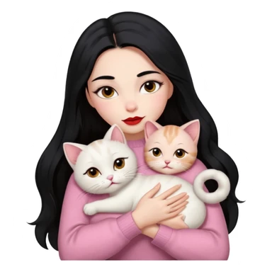 Beautiful Girl Long Hair black, Brows Big , Skin White, Sweater Pale Pink , Big Red Lips, Eyes marron , Hug Little baby Persa Cream Cat With Cute Eyes sticker