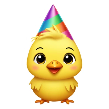 A yellow baby chick with a party hat sticker