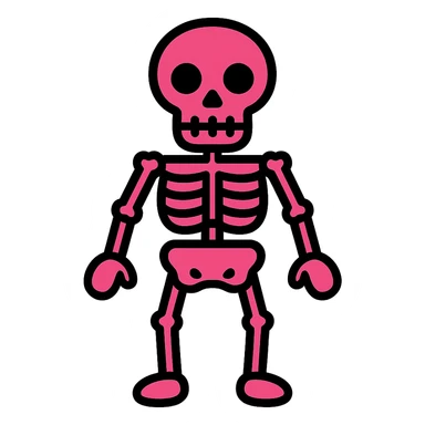 very simple line drawing of the body of a skeleton, 2D, fuchsia color, emoticon/symbol style sticker
