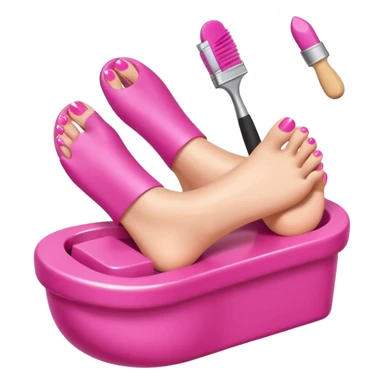 3D isometric emoji of a foot getting a pedicure, hand holding a nail polish brush, soft glossy texture sticker