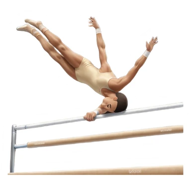 Professional gymnast performing a dynamic routine on parallel bars, captured mid-air in an elegant flip. The background features a well-lit gymnastics arena with a cheering audience. The athlete's posture and expression convey strength, control, and perfect coordination. sticker