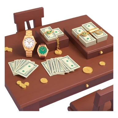 3D scene showing a wooden table with jewelry, a luxury hand watch Rolex style, and bundles of cash, realistic and detailed sticker