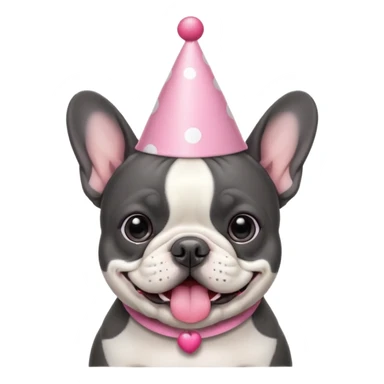 french bulldog with a birthday hat and black and white and grey coloring. please make it emoji style please. also please make the dog have a pink hat sticker