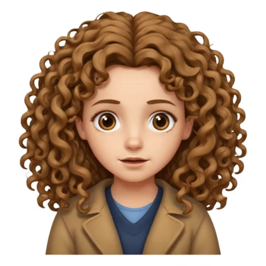 hermione shrugging, long light brown very curly voluminous hair, reaching below the shoulders, thick and full curls, messy natural texture, cartoon emoji style. sticker
